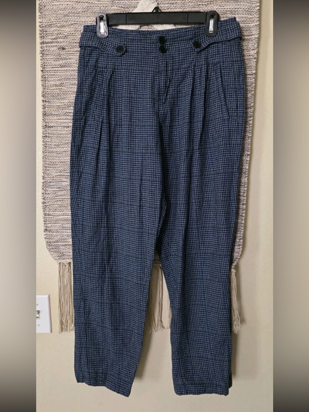 Sundance Womens Size 4 Blue Plaid Cropped Pants Linen Blend Casual Boho